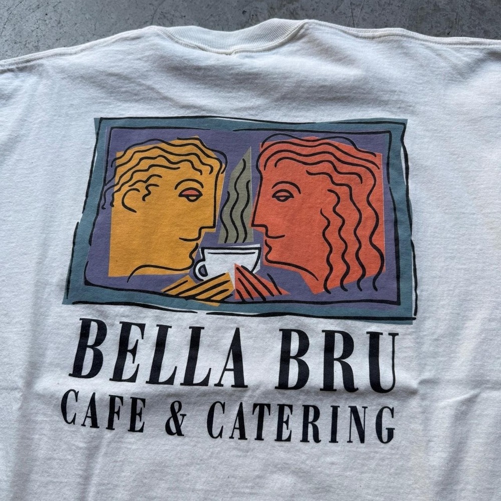 Vintage 90s Bella Bru Abstract Colorful Art Cafe Box Logo Shirt Colorful Escher